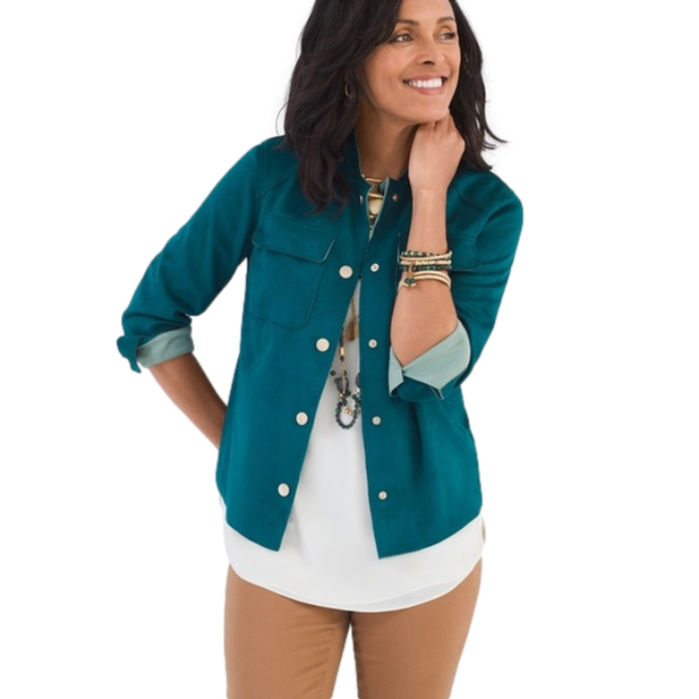 Chico’s‎ Size 2 US L Jewel Tone Teal Double Face Faux Sueded Jacket FLAW